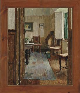 Anne de Quetteville Robin - Domestic Interior; At the Breakfast Table; Portrait of a lady in a red dress