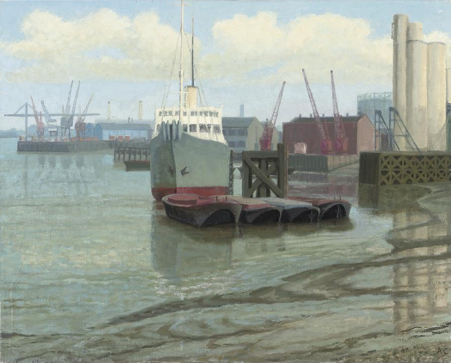 Anne E. Christopherson - Blackwall Reach and cable ship; MV Schot making fast at Lovell\'s Wharf; and Cranes from Bay Wharf