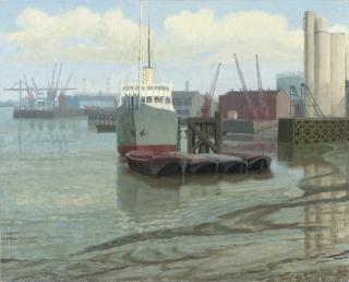 Anne E. Christopherson - Blackwall Reach and cable ship; MV Schot making fast at Lovell\'s Wharf; and Cranes from Bay Wharf