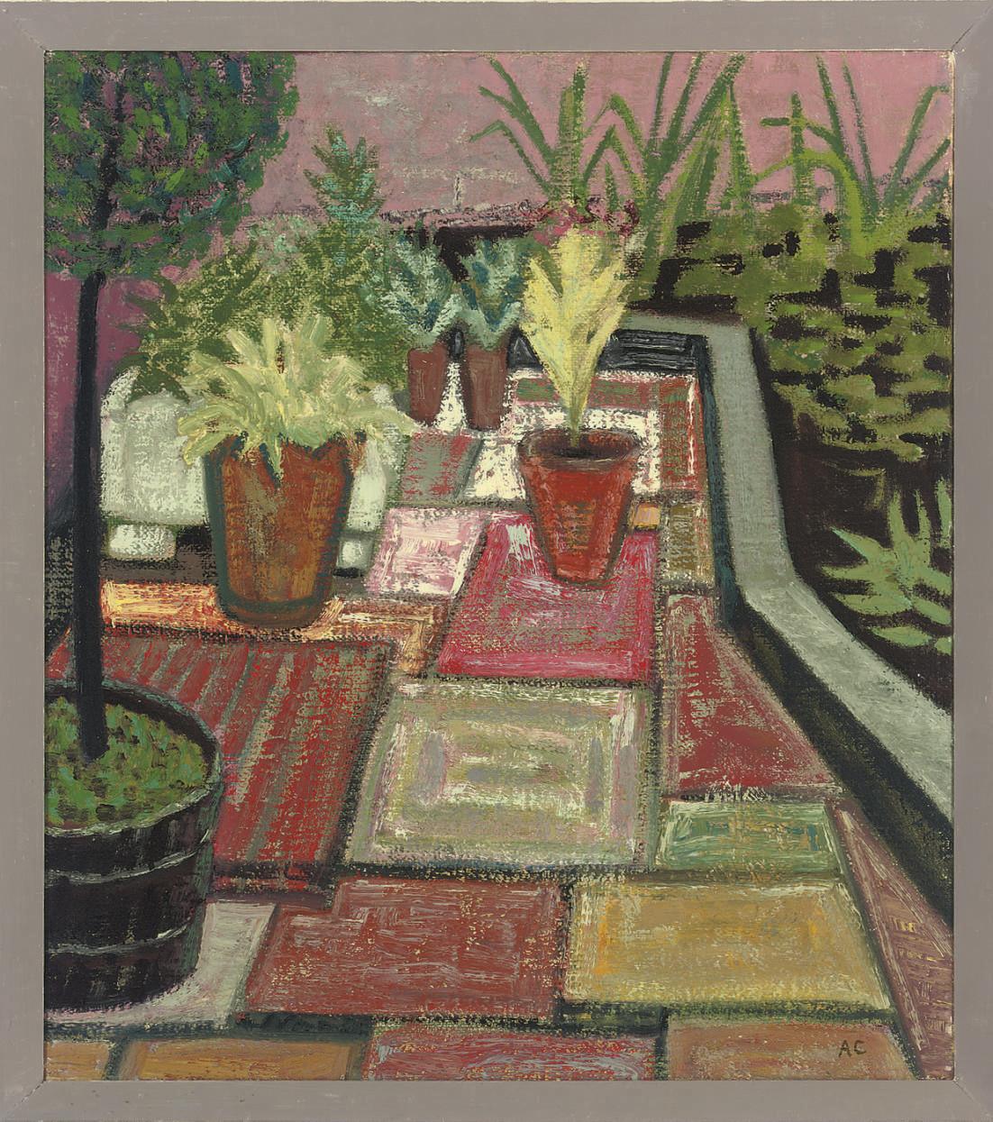 Anne E. Christopherson - Courtyard; Sheila\'s room at the pargon; Still life with model galleon, bottle and glass; My kitchen table; Lilies in a glass vase; Flowers in a bowl; and Brown jug with lilies