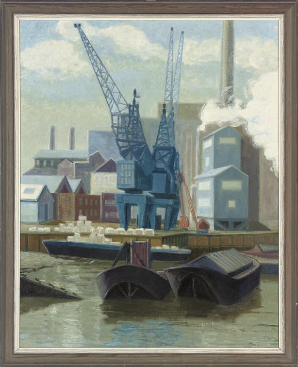 Anne E. Christopherson - Dreadnought Wharf, Greenwich; Wood wharf and red crane; Low tide, Blackwall reach; Barge repairing, Bay wharf; Low tide, Dreadnought wharf
