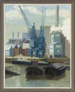 Anne E. Christopherson - Dreadnought Wharf, Greenwich; Wood wharf and red crane; Low tide, Blackwall reach; Barge repairing, Bay wharf; Low tide, Dreadnought wharf
