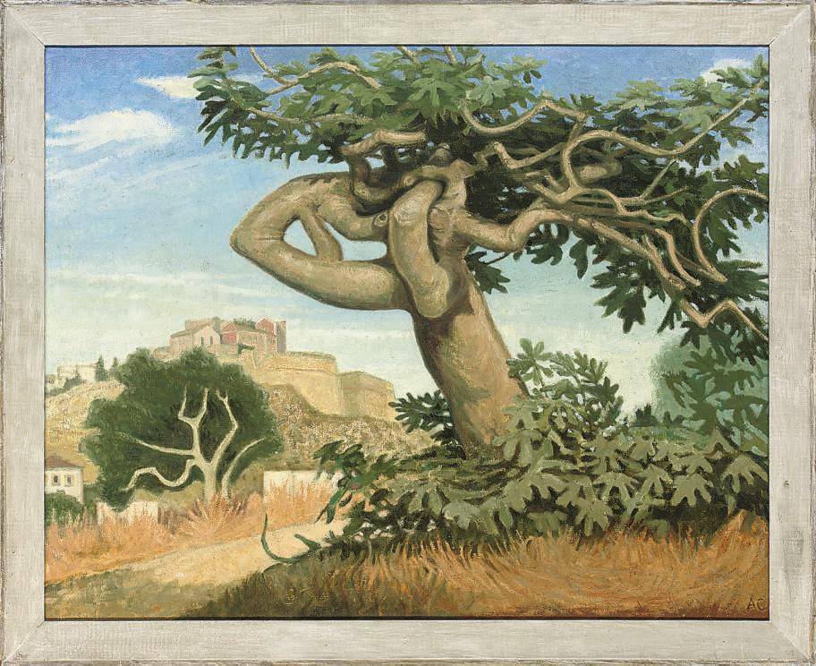 Anne E. Christopherson - Fig tree and walled city, Ibiza; Houses and gateway, Ibiza; Gnarled tree and door, Ibiza; Street with steps, Ibiza; and Street corner, Ibiza