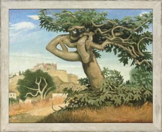 Anne E. Christopherson - Fig tree and walled city, Ibiza; Houses and gateway, Ibiza; Gnarled tree and door, Ibiza; Street with steps, Ibiza; and Street corner, Ibiza