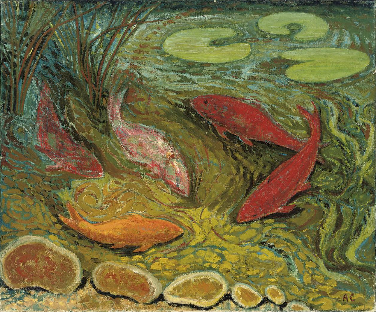 Anne E. Christopherson - Five fish; Pond and Grotto; and Pond with a leafy bank