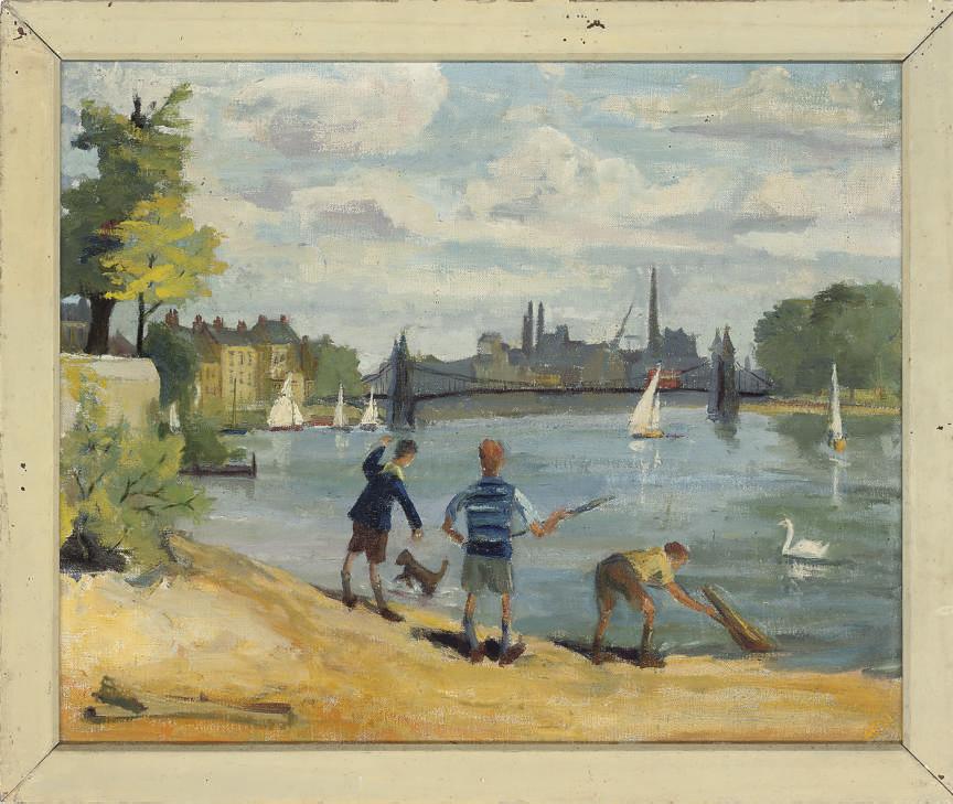 Anne E. Christopherson - River at Chiswick; Sawing logs, December; Standing ruins; Dorset farmyard; and Fallen Ceder