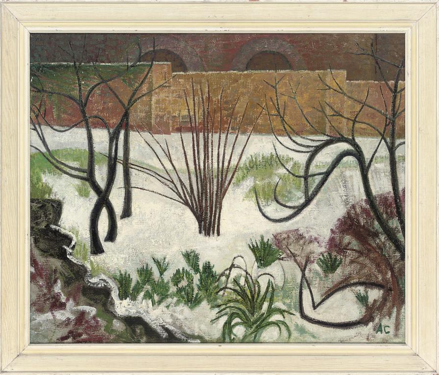 Anne E. Christopherson - Snowy bank with fig trees, Greenwich; Houses and trees in snow, Greenwich; Winter landscape near Westerham; and Trees and hedge with hips