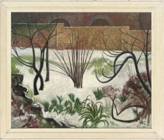 Anne E. Christopherson - Snowy bank with fig trees, Greenwich; Houses and trees in snow, Greenwich; Winter landscape near Westerham; and Trees and hedge with hips