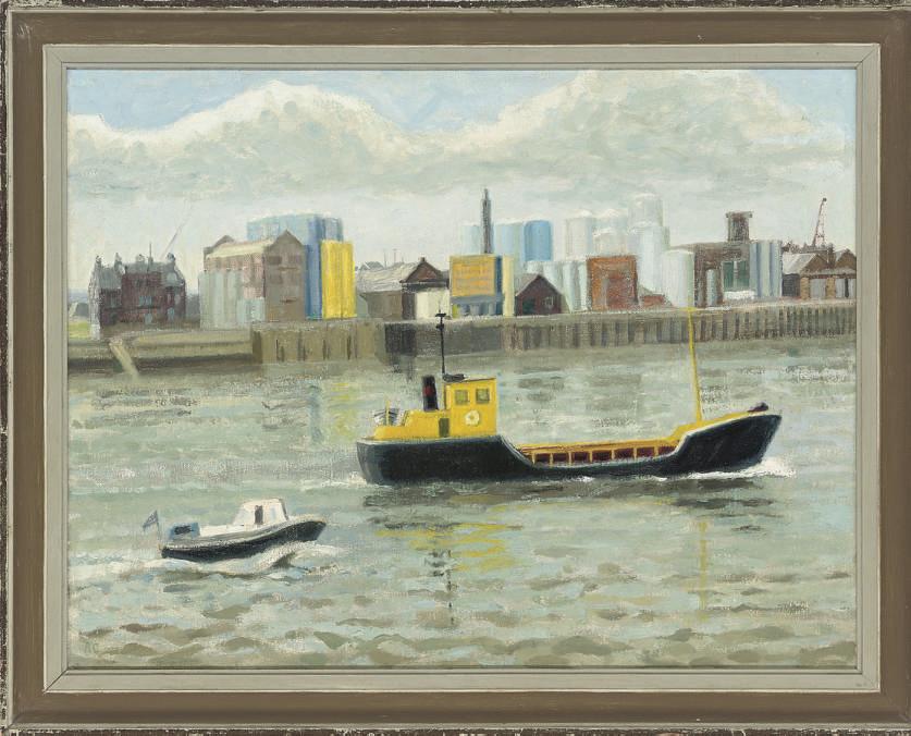 Anne E. Christopherson - Storage Tanks, Rotherhithe; Seacon Wharf, Limehouse Reach; Three wrecks, St David\'s Bay; Tug with barges approaching Wood Wharf, Greenwich; and The Thames Barrier, Canary Wharf and Dome