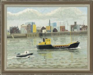 Anne E. Christopherson - Storage Tanks, Rotherhithe; Seacon Wharf, Limehouse Reach; Three wrecks, St David\'s Bay; Tug with barges approaching Wood Wharf, Greenwich; and The Thames Barrier, Canary Wharf and Dome