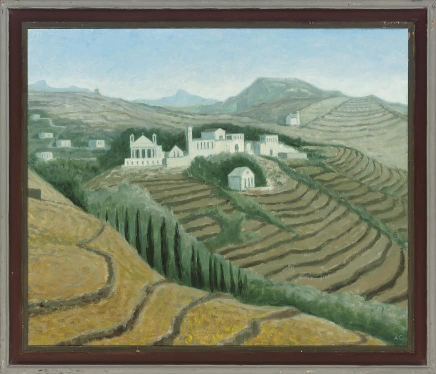 Anne E. Christopherson - Towards Tirados, Tinos, Greece; Tropical garden, Malia, Crete; Town and distant cathedral; and Terraced hillside and mule track, Tinos, Greece