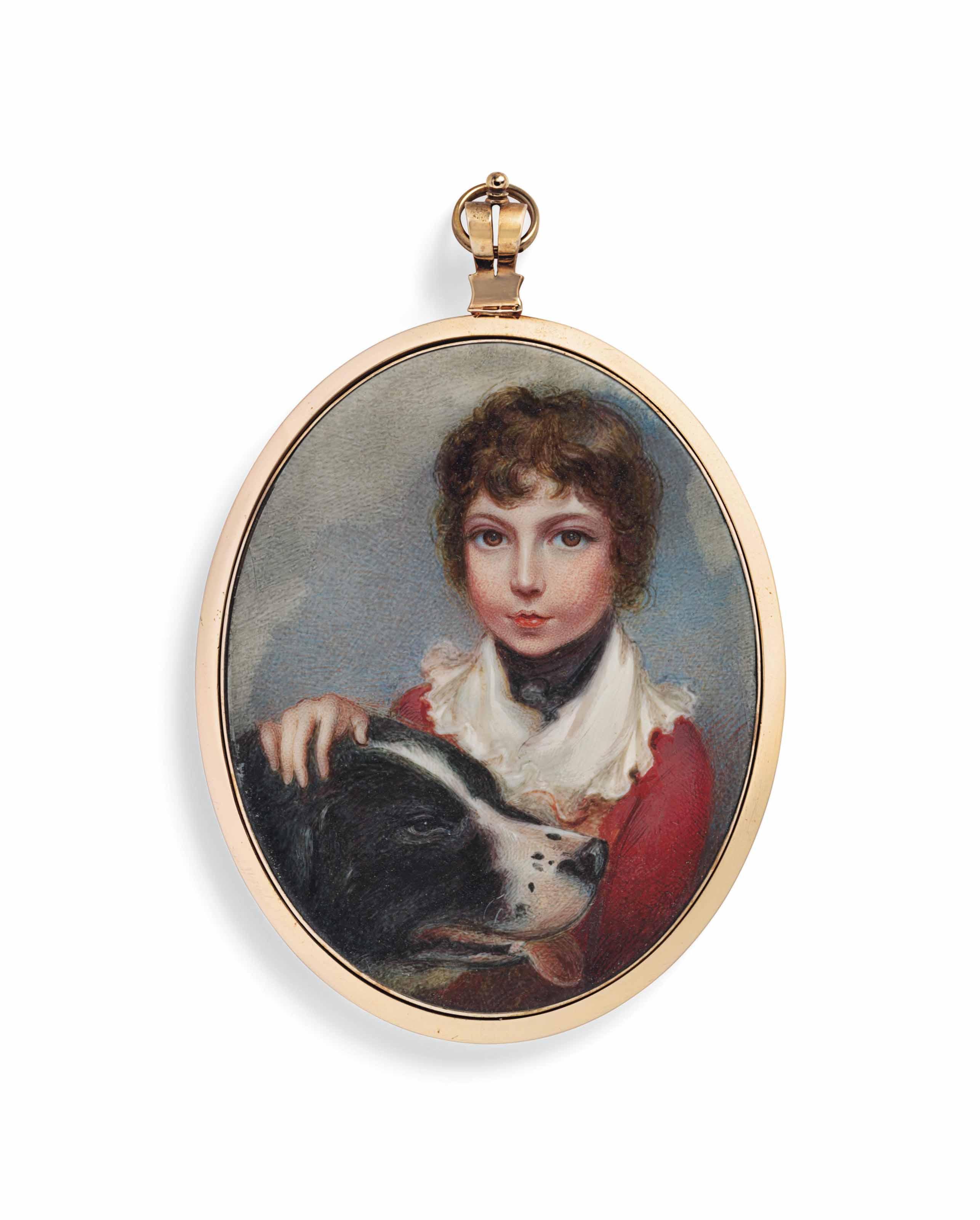 Anne Mee - A Child, In Red Coat, Ruffled White Collar, With Right Hand On Top Of Dog\'S Head; Sky Background