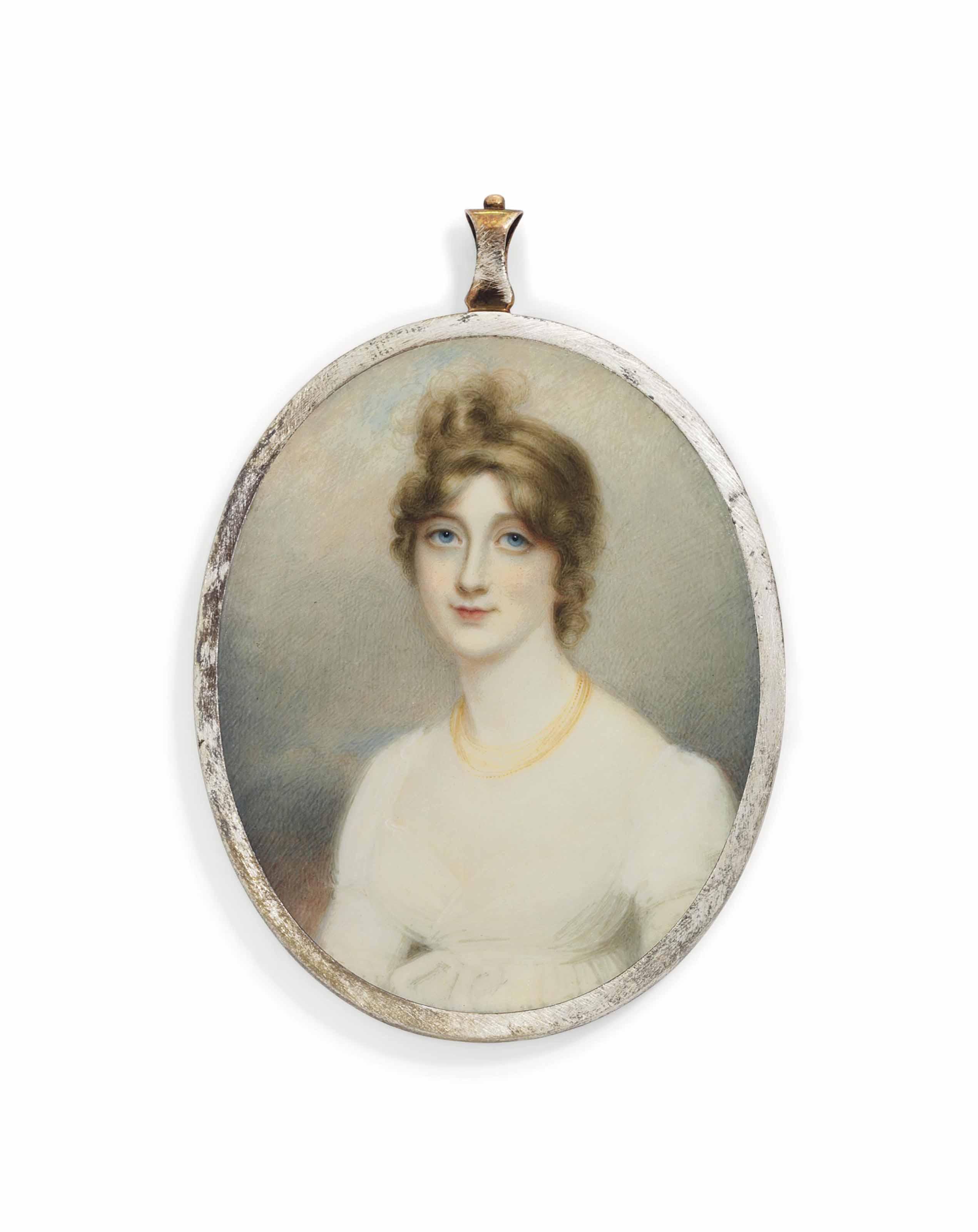 Anne Mee - Frances Crosbie, née Wesley, in white dress, multi-strand pearl necklace, upswept curling hair