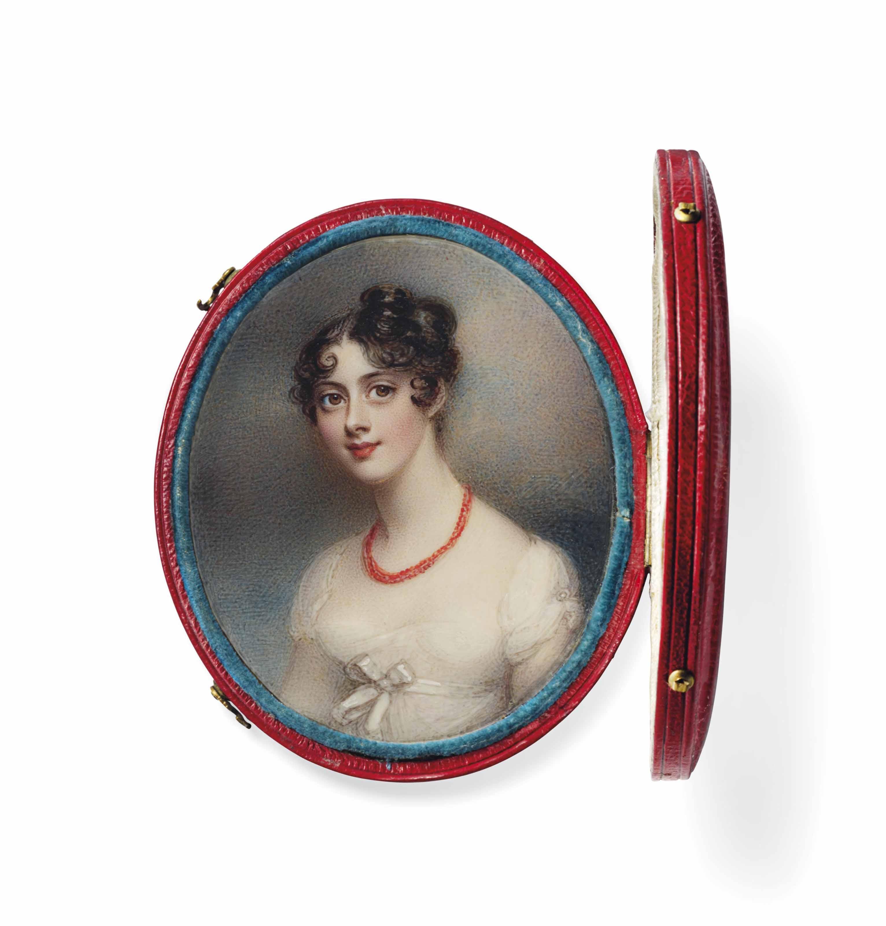 Anne Mee - Lady Caroline Lamb, Née Ponsonby (1785-1828), In White Dress, White Ribbon Tied Around Her Waist, Coral Necklace, Upswept Curling Brown Hair; Sky Background