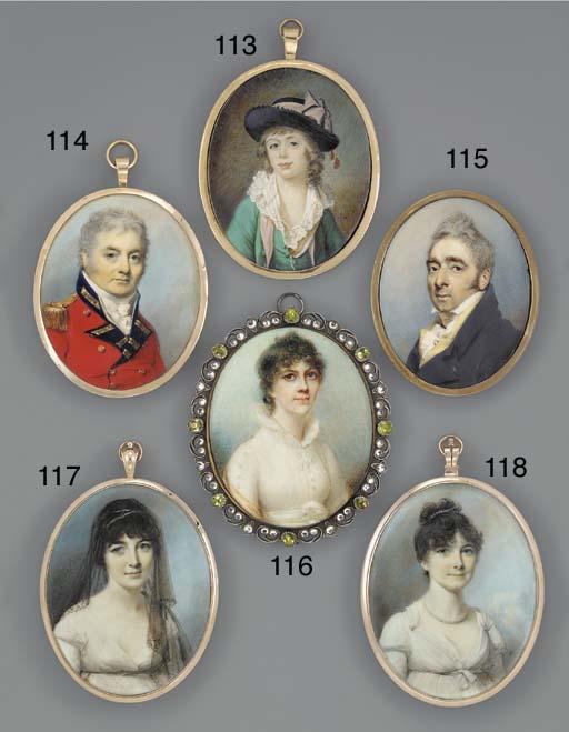 Anne Mee - Miss Molyneux, in white dress with high standing frilled collar, thin white ribbon around her collar tied at corsage, her right sleeve adorned with buttons, salmon-pink stole draped around her arms, curling dark hair