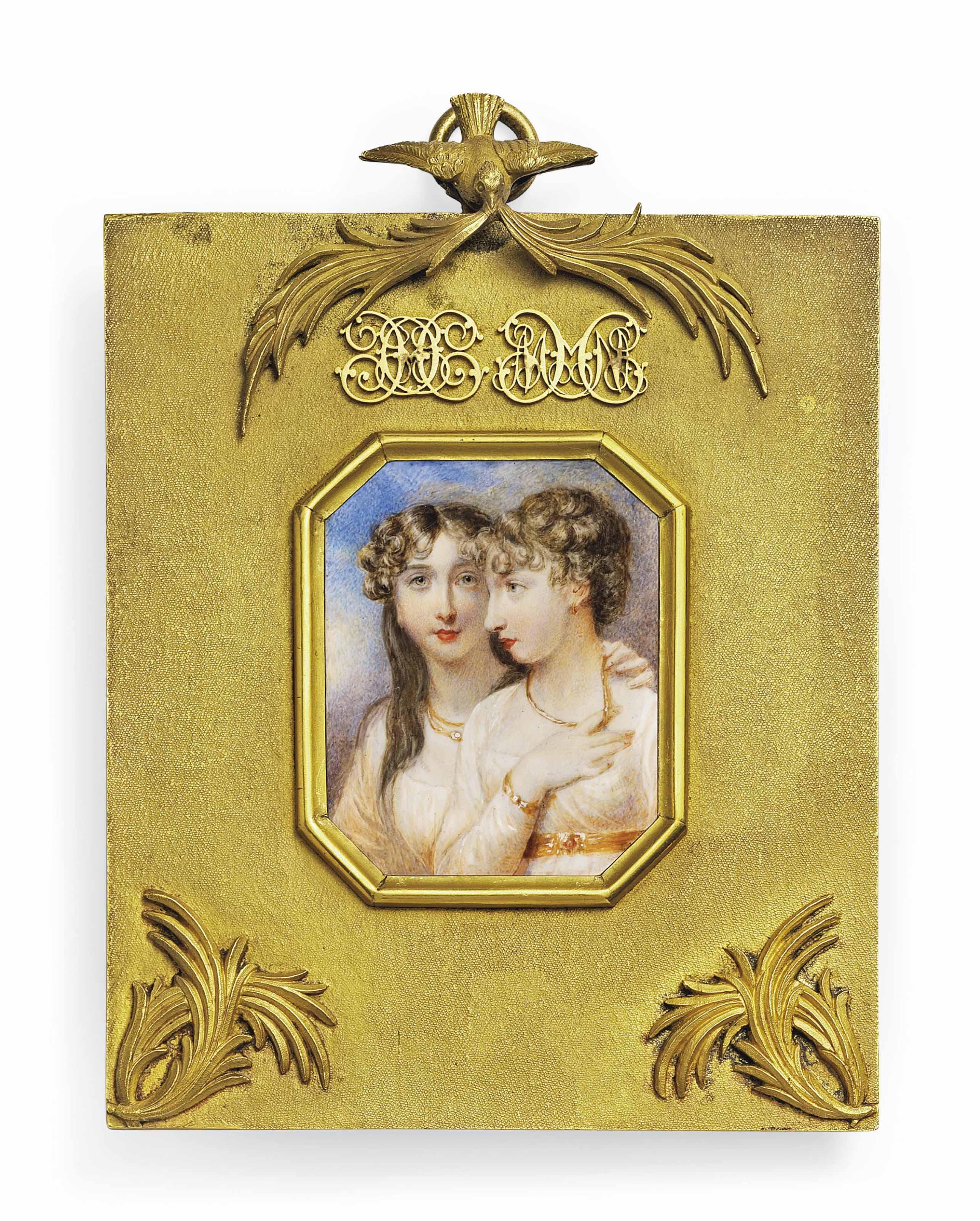 Anne Mee - Two sisters, both in white dresses and gold jewellery, one with her hand on the other\'s shoulder, whose right hand rests on her chest