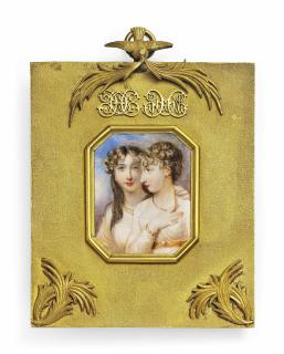 Anne Mee - Two sisters, both in white dresses and gold jewellery, one with her hand on the other\'s shoulder, whose right hand rests on her chest