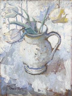 Anne Redpath, R.S.A., A.R.A., A.R.W.S - White and yellow tulips in a blue and white jug