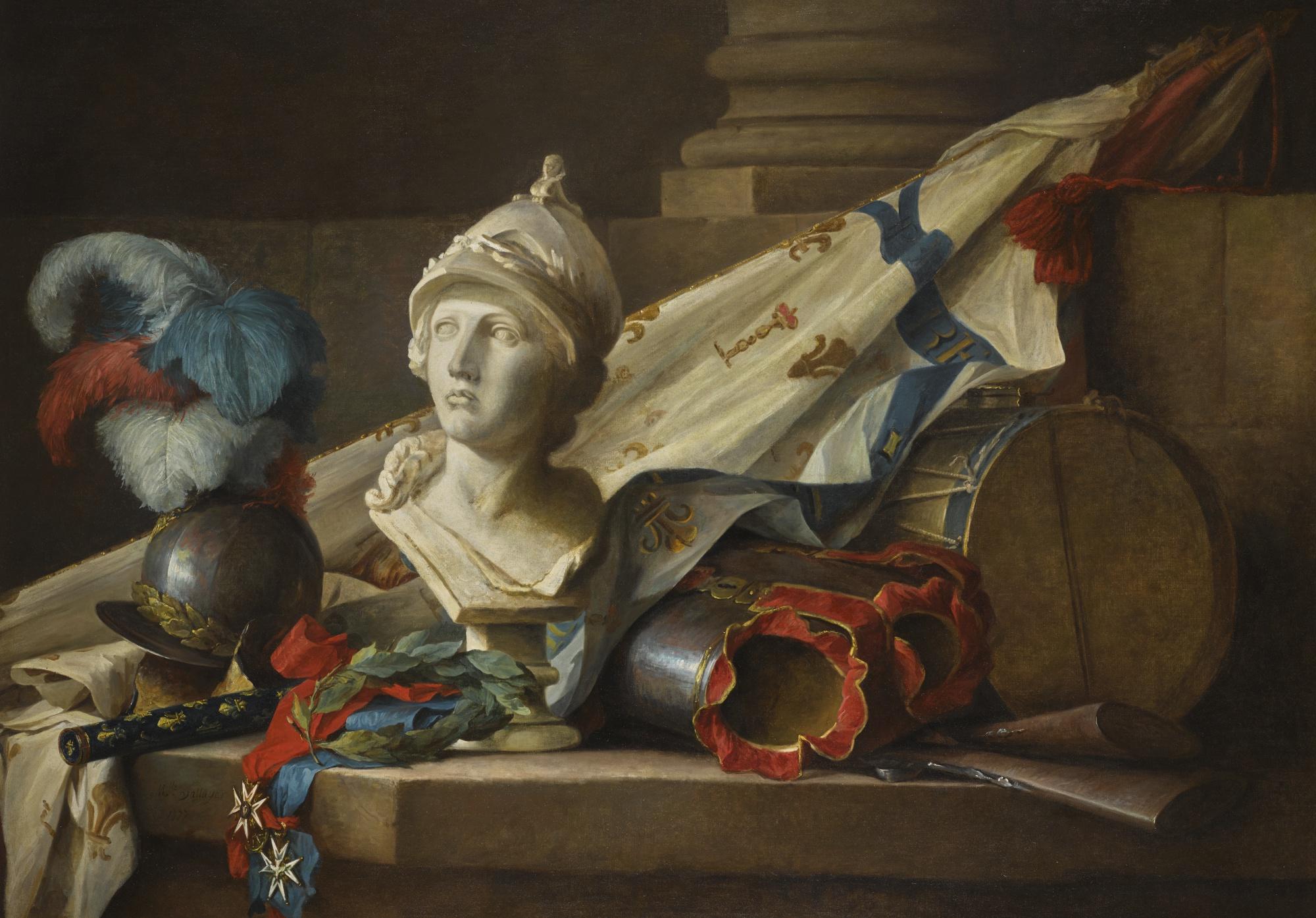 Anne Vallayer-Coster - A Bust Of Minerva, Armour, Muskets, A Drum, A Standard, The Baton Of Command Of A Maréchal De France, A Laurel Wreath And The Orders Of Saint-Louis And Of The Saint-Esprit, All On A Stone Ledge