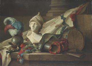 Anne Vallayer-Coster - A bust of Minerva, armour, muskets, a drum, a standard, the baton of command of a Maréchal de France, a laurel wreath and the Orders of Saint-Louis and of the Saint-Esprit, all on a stone ledge
