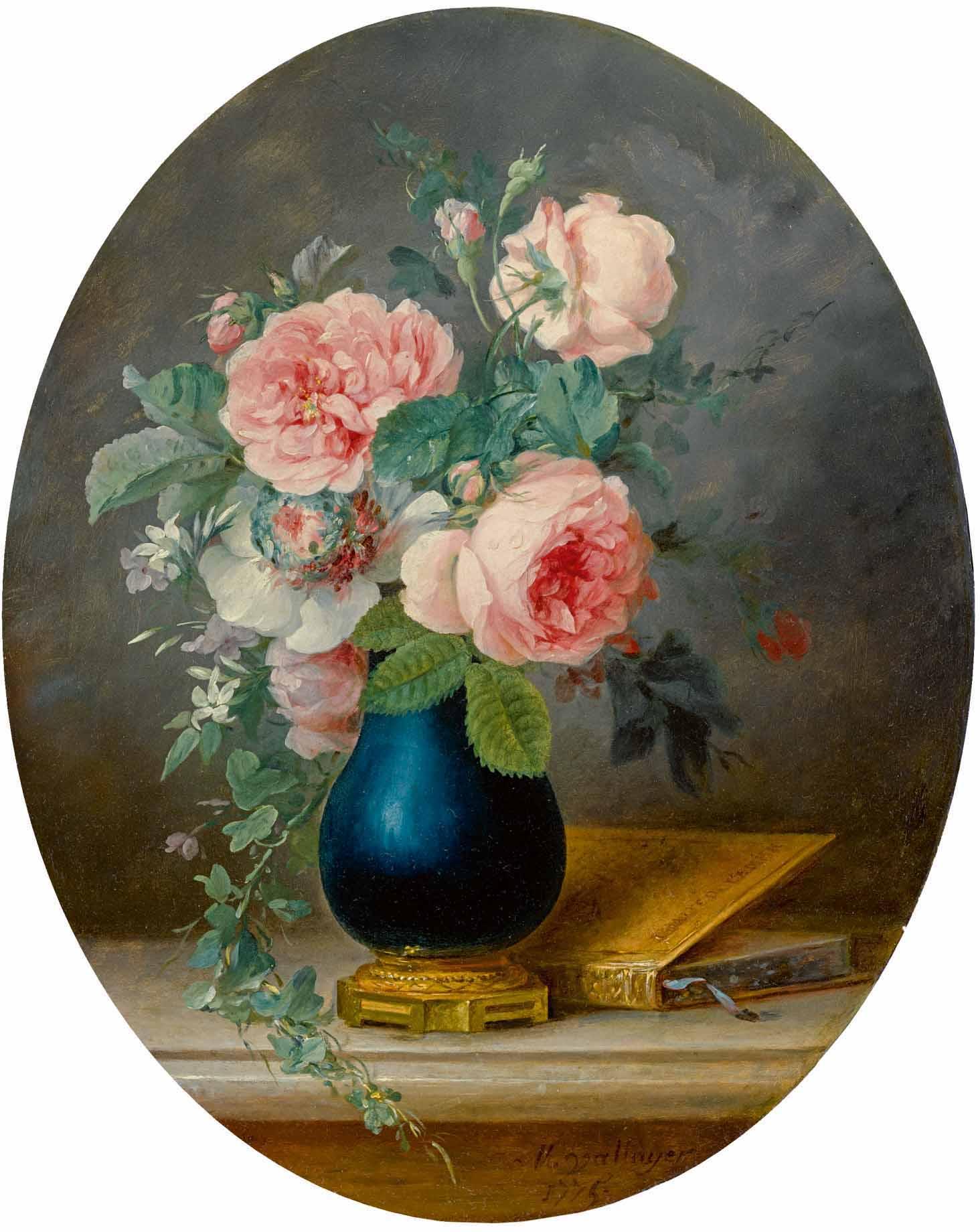 Anne Vallayer-Coster - A Still Life Of Roses And Other Flowers In A Blue Vase With A Book