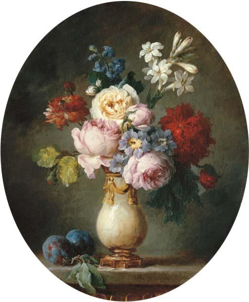 Anne Vallayer-Coster - A vase of flowers and two plums on a marble tabletop