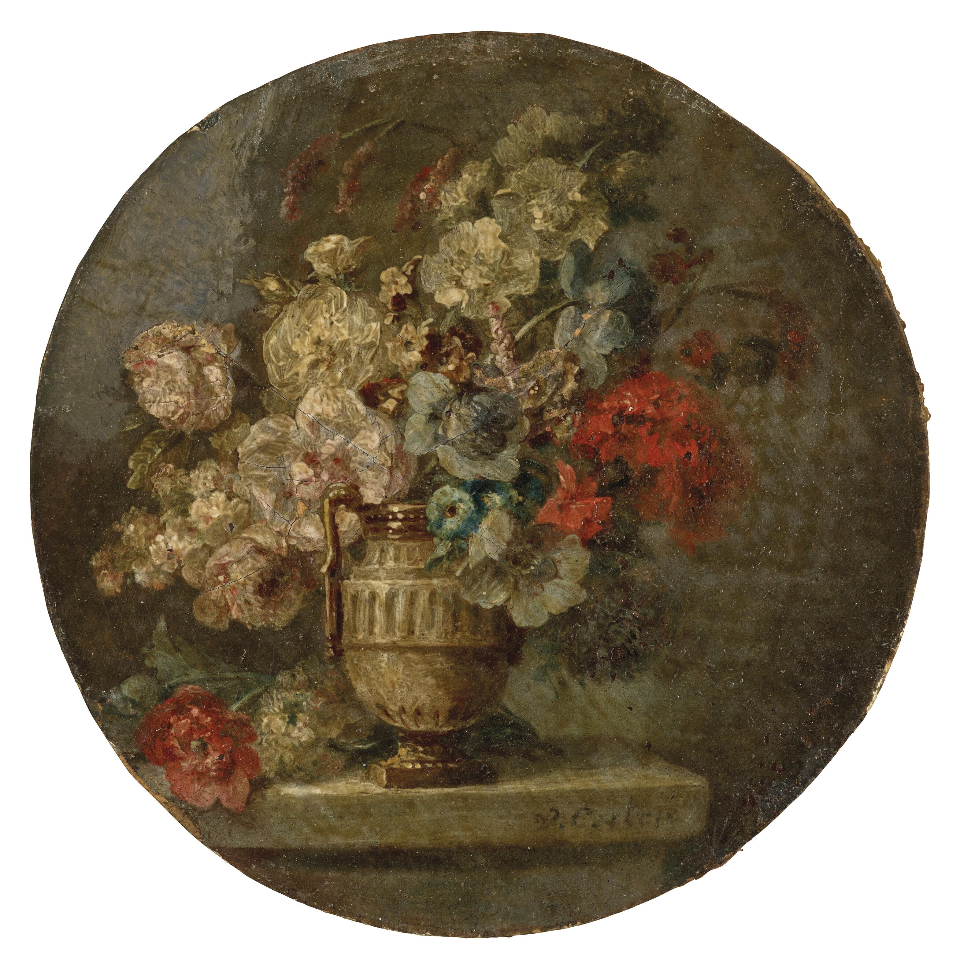 Anne Vallayer-Coster - Bouquet De Roses, Pavots Et Oeillets Dans Un Vase Sur Un Entablement