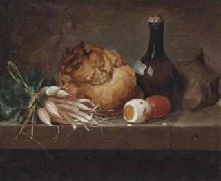 Anne Vallayer-Coster - Parsnips, a loaf of bread, eggs and a bottle on a stone ledge