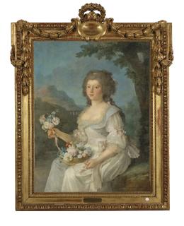 Anne Vallayer-Coster - Portrait De Femme En Buste Tenant Une Corbeille De Fleurs