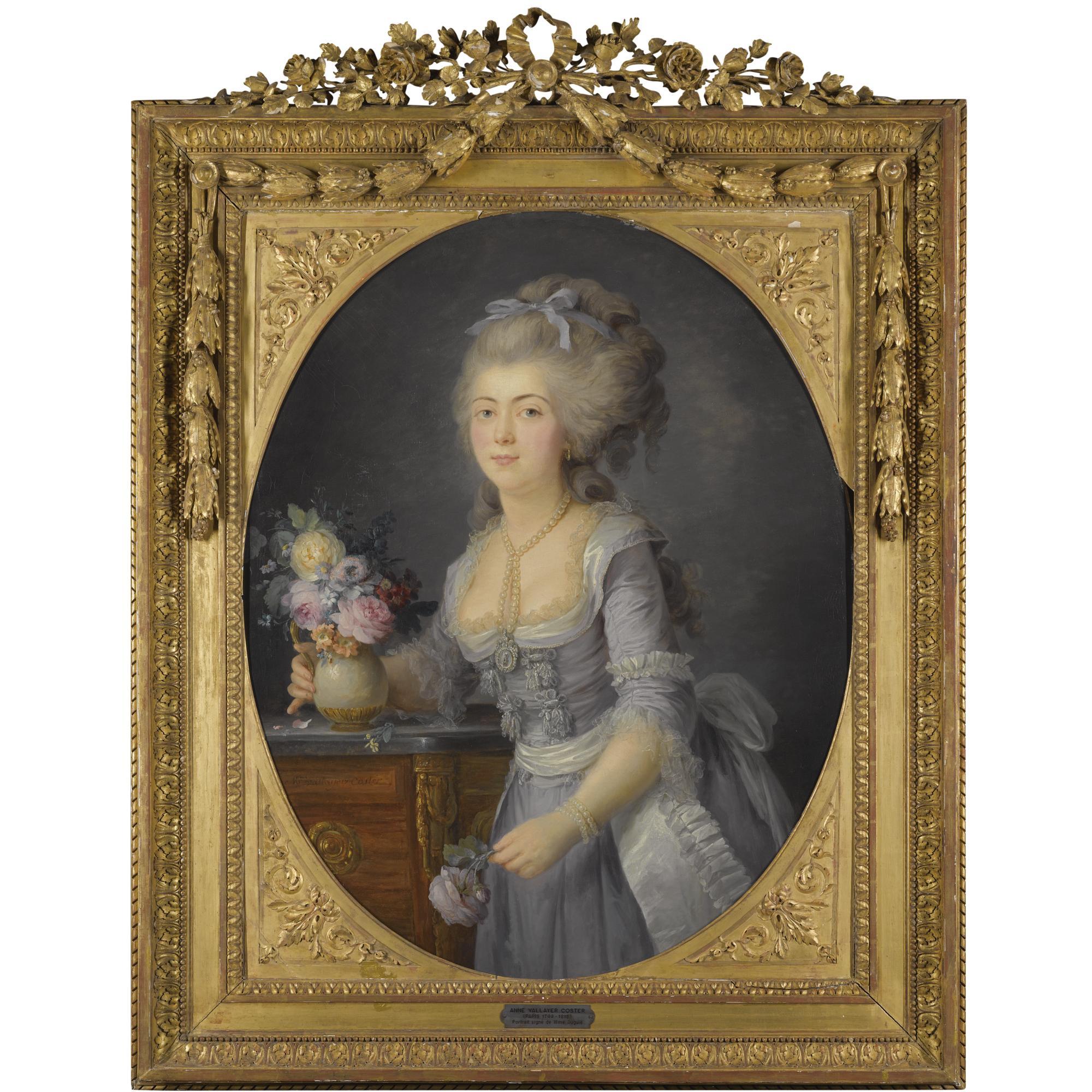 Anne Vallayer-Coster - Portrait Of Madame Adélaide Auguie, Three Quarter Length, Standing Beside A Table Holding A Vase Of Flowers