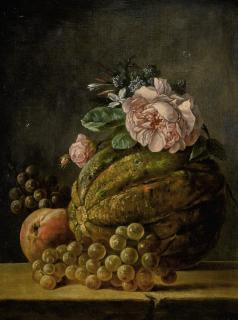Anne Vallayer-Coster - Still Life Of A Melon, A Peach, Grapes And Flowers On A Ledge