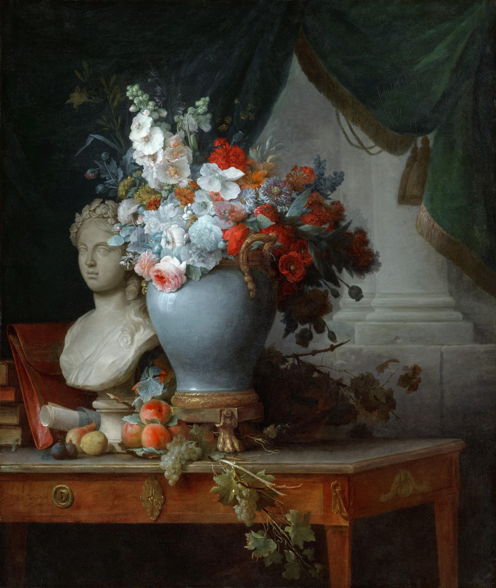 Anne Vallayer-Coster - Still life of flowers in a vase on a table beside a bust of Flora, with fruit and other objects with a curtain beyond
