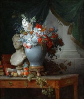 Anne Vallayer-Coster - Still life of flowers in a vase on a table beside a bust of Flora, with fruit and other objects with a curtain beyond