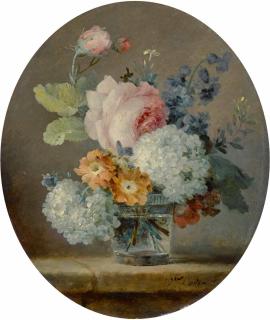 Anne Vallayer-Coster - Still Life Of Roses, Snowballs, Peonies And Hyacinths In A Glass On A Ledge