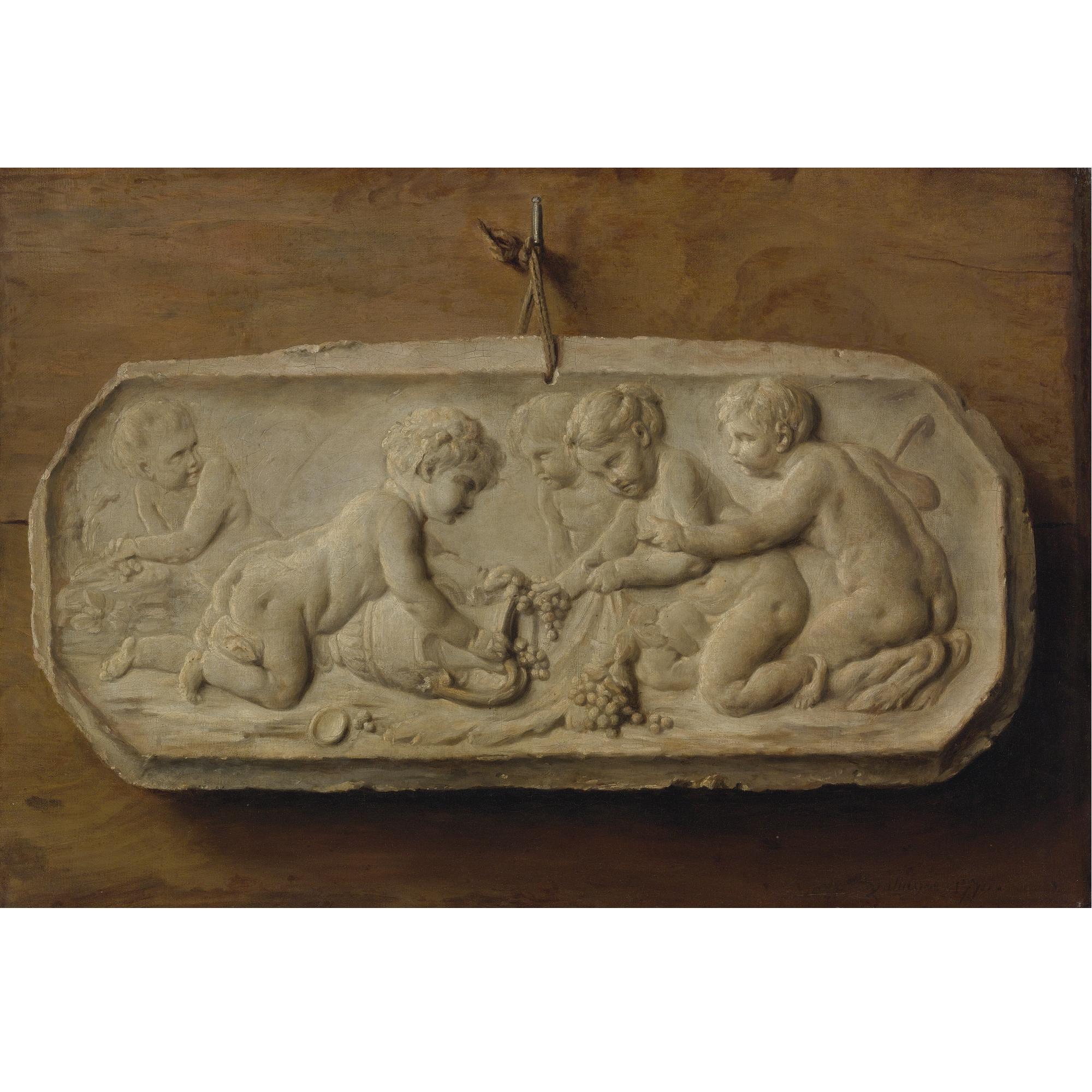Anne Vallayer-Coster - Trompe L\'Oeil Of A Terracotta Bas-Relief Tacked To A Wooden Panel Depicting Children And A Young Faun Gathering Grapes