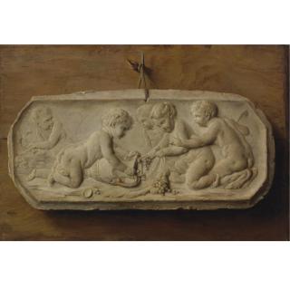 Anne Vallayer-Coster - Trompe L\'Oeil Of A Terracotta Bas-Relief Tacked To A Wooden Panel Depicting Children And A Young Faun Gathering Grapes