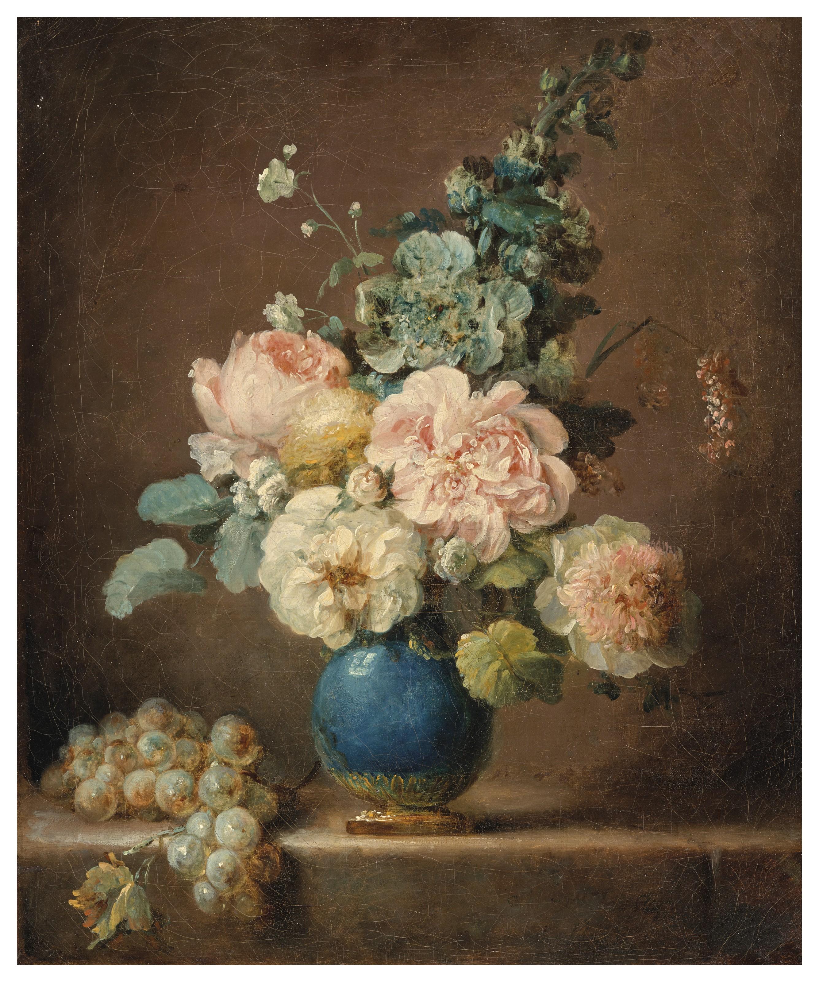 Anne Vallayer-Coster - Vase de fleurs et raisins posés sur un entablement
