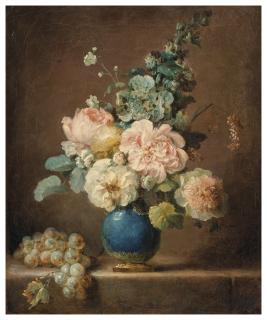 Anne Vallayer-Coster - Vase de fleurs et raisins posés sur un entablement