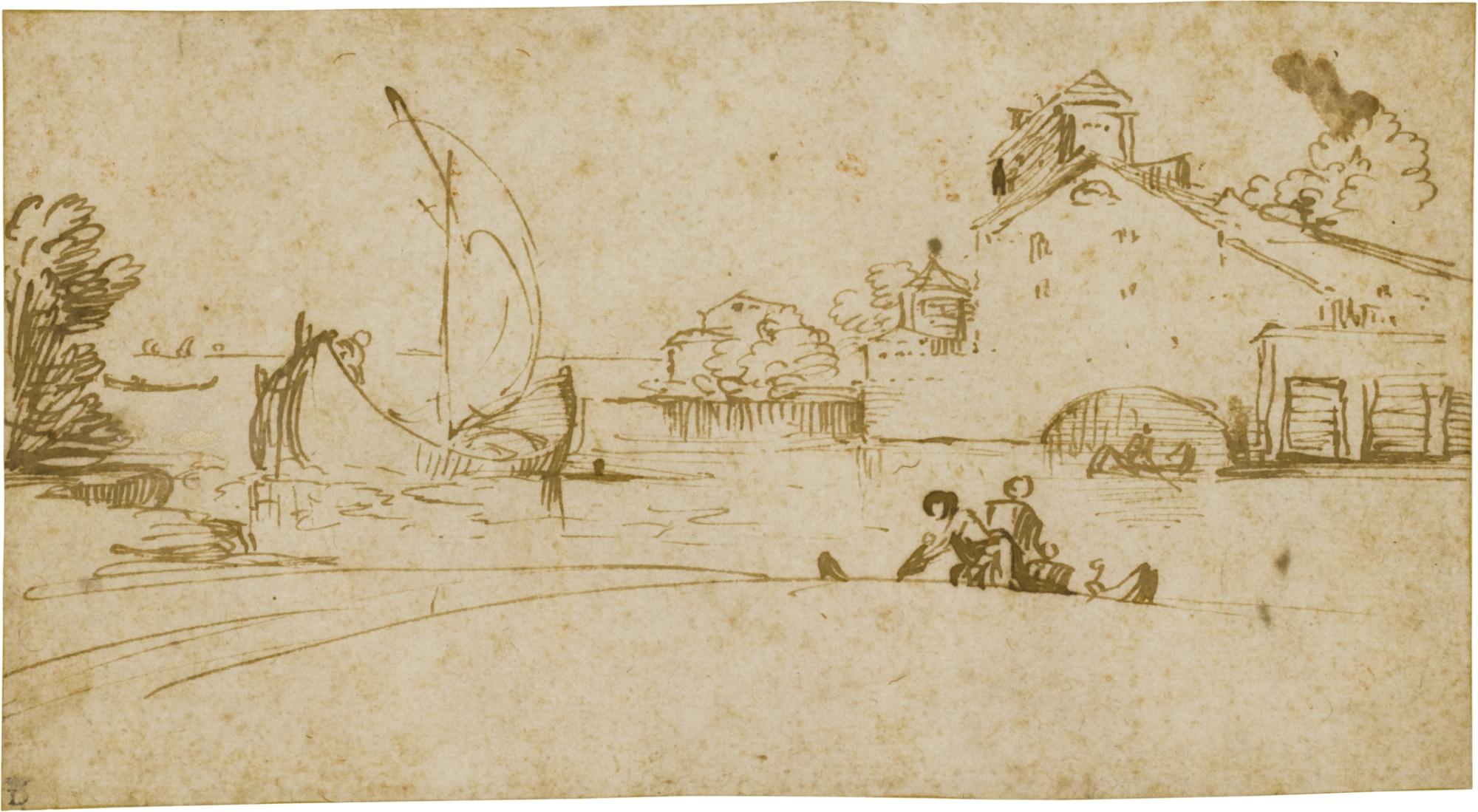 Annibale Carracci - A Sailing Boat And Smaller Craft On An Estuary, By A Group Of Buildings