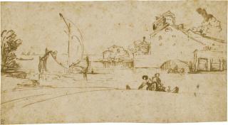 Annibale Carracci - A Sailing Boat And Smaller Craft On An Estuary, By A Group Of Buildings