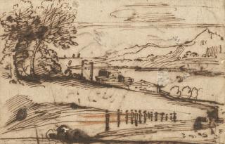 Annibale Carracci - An extensive coastal landscape with a procession of figures in the foreground and buildings on the water (recto); Study of a crouching man, his profile and a foot (verso)