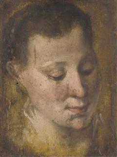 Annibale Carracci - Head of a girl looking down to the right, her hair held in a plait