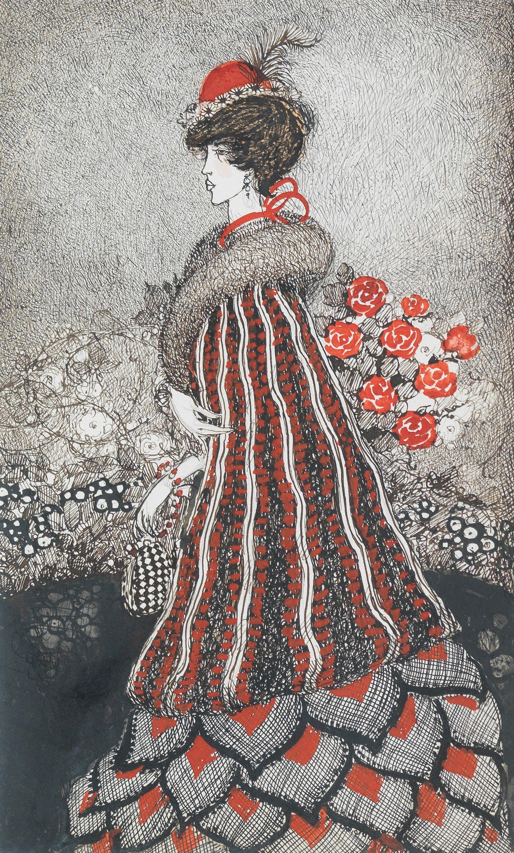 Annie French - Woman with red flowers
