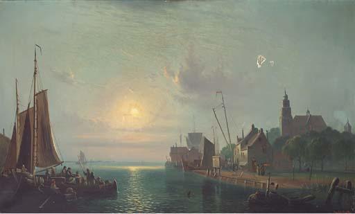 Ansdell Smythe - Fishermen Gossiping Off A Dutch Port By Moonlight
