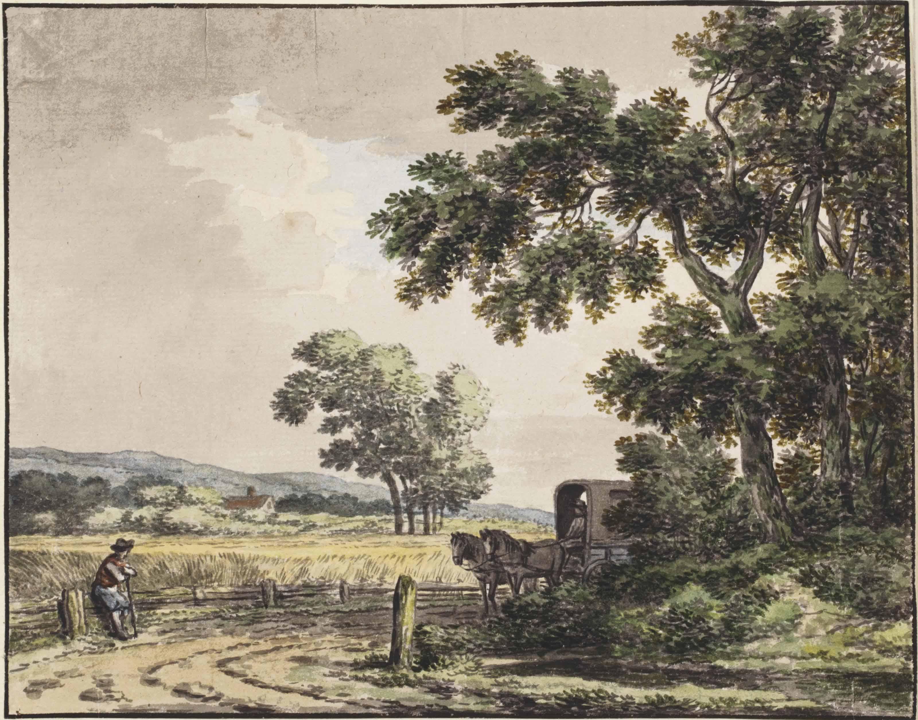 Anthonie Andriessen - A Country Road With A Cart And Two Horses By A Cornfield