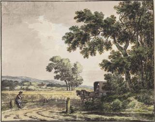 Anthonie Andriessen - A Country Road With A Cart And Two Horses By A Cornfield