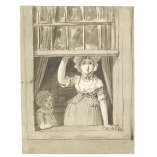 Anthonie Andriessen - A Woman Standing At An Open Sash Window, A Small Boy Beside Her