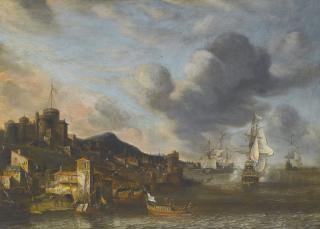 Anthonie Beerstraaten - A Dutch Man O\' War Firing Its Guns By A Fortified Castle Town, Hills Rising To The Left