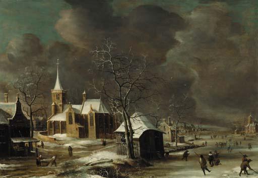 Anthonie Beerstraaten - A village in winter, with villagers on a frozen waterway
