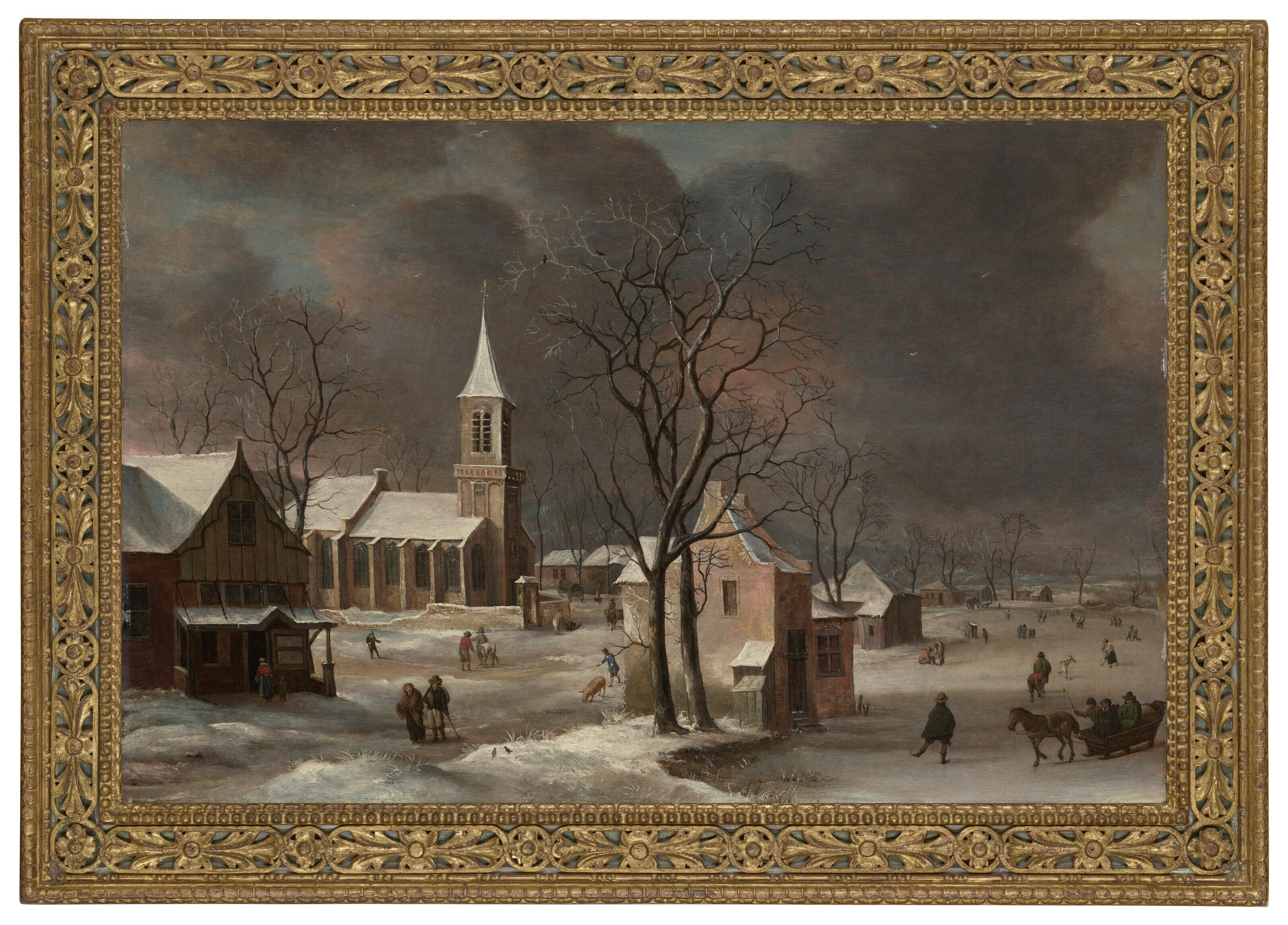 Anthonie Beerstraaten - A winter landscape, with iceskaters and a church beyond
